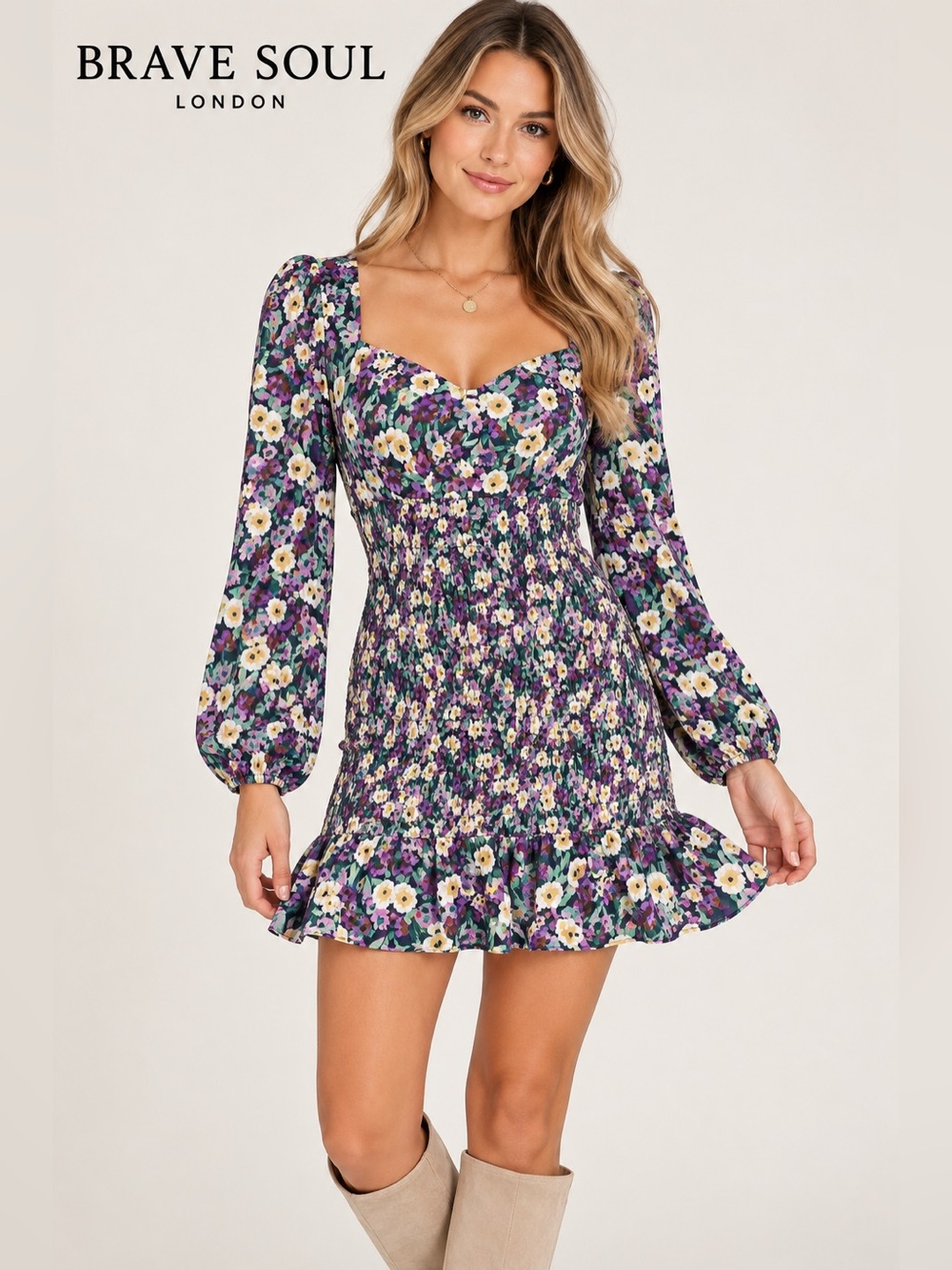 Brave Soul London Petunia Floral Smocked Mini Dress Purple Green Size L NWT